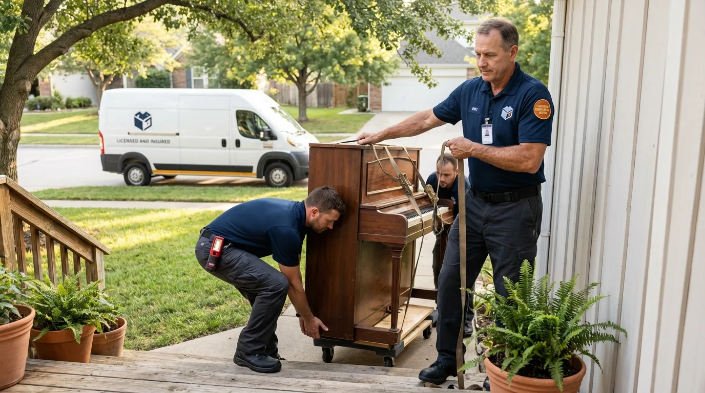 Licensed piano movers securing grand piano in Bassett, VA