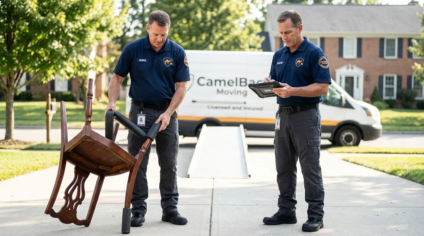 Movers inspecting furniture for damage prevention before loading in Bassett, VA