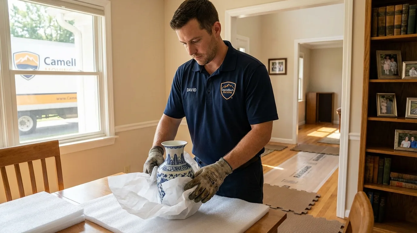 Professional crew carefully wrapping antique vase for senior downsizing move in Bassett, VA
